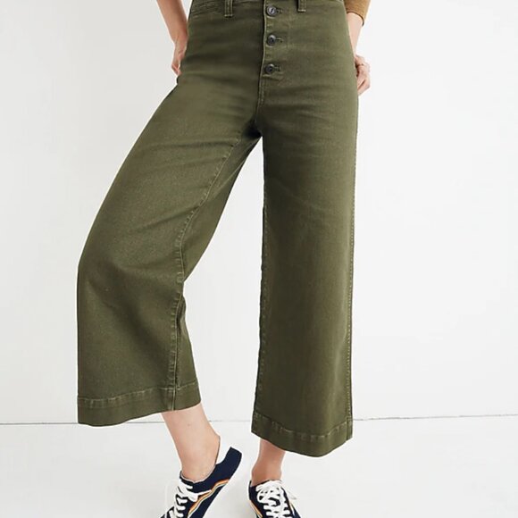 Madewell Emmett Wide-Leg Crop Pants: Button-Front Edition Dark Green - Picture 1 of 7